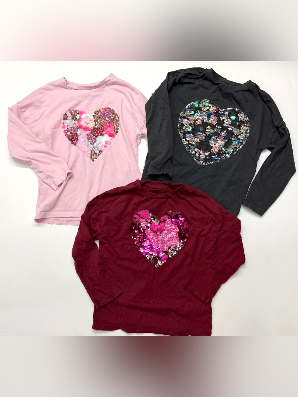 NEXT Direct UK Sequin Heart Long Sleeve Top Tee Bundle of 3 Pink Gray Maroon